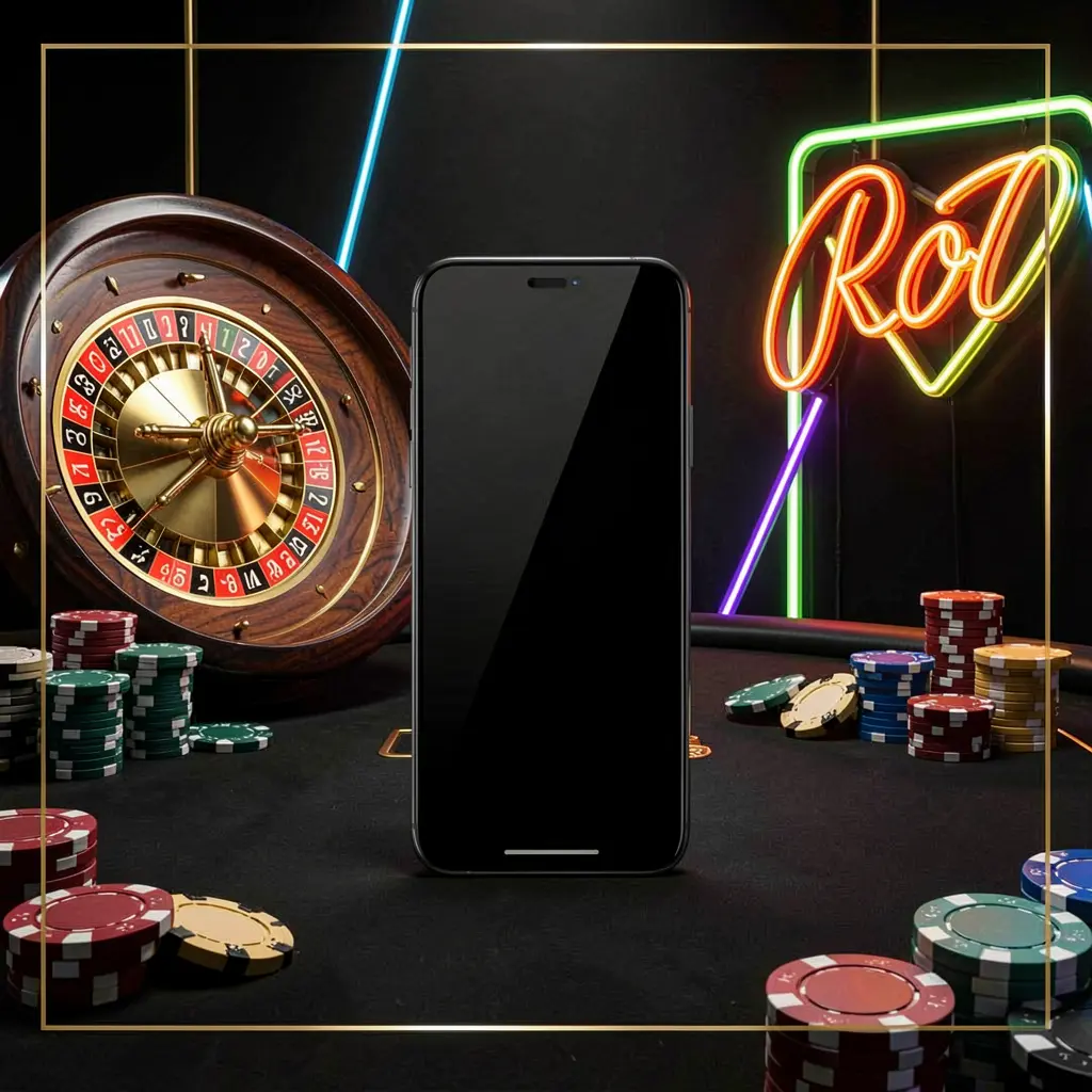 XE66 mobile casino application scene featuring a phone in the center with a roulette wheel and poker chips in the background, illuminated by glowing neon lights in a premium black and gold style