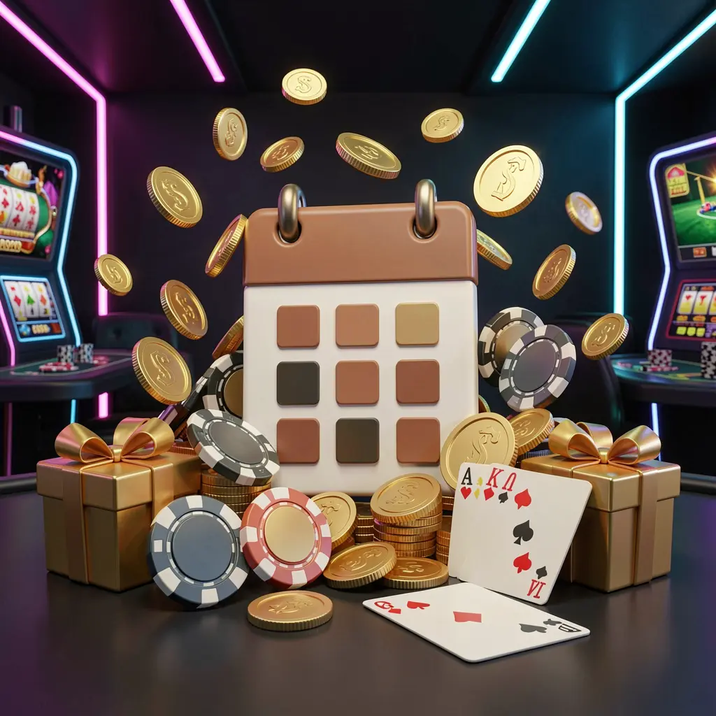 XE66 weekly online casino bonus concept featuring a calendar icon surrounded by golden coins, gift boxes, poker chips, and playing cards in a festive casino atmosphere with neon lights on a dark modern background