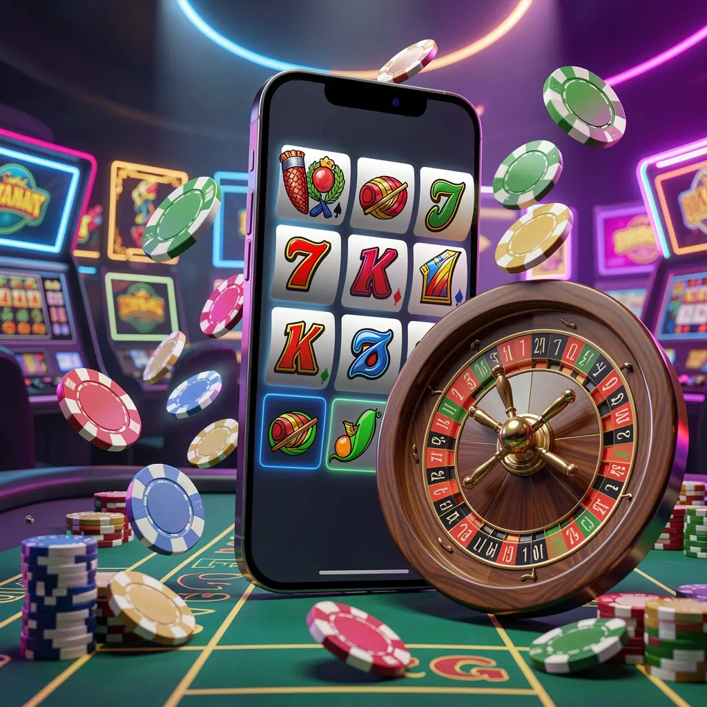 XE66 casino entertainment homepage concept featuring a modern mobile phone surrounded by slot symbols, a roulette wheel, chips, and coins floating against a neon casino background in a premium 3D render