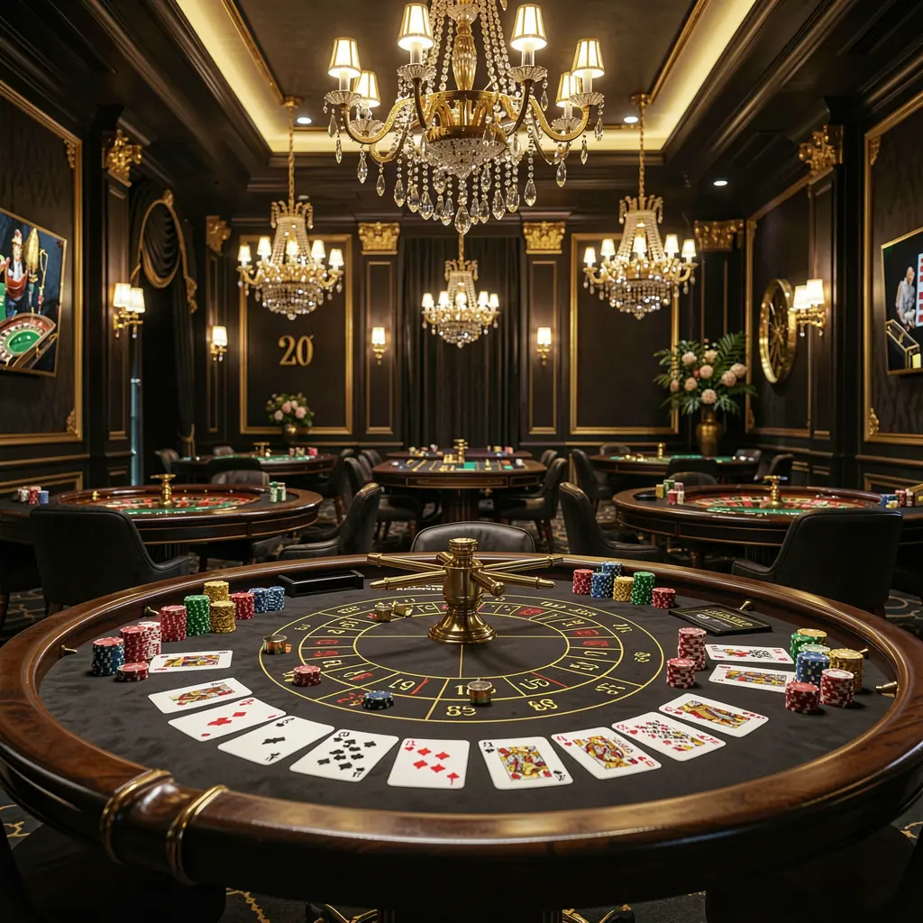 XE66 luxury online casino lobby with glowing roulette tables, golden lights, poker chips, and cards in a premium black and gold design